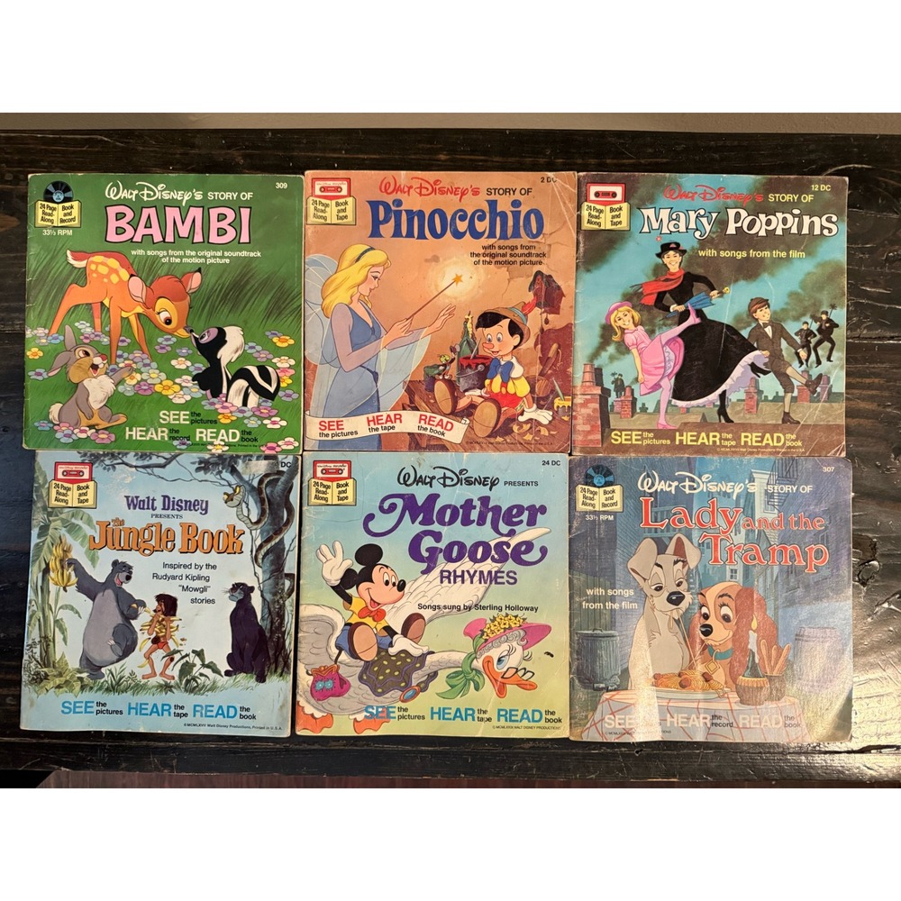 Vintage Disney See Hear Read Book and Record Lot Bambi Pinocchio Jungle Book 6pc